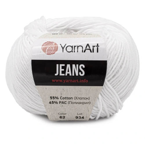 Пряжа YarnArt 'Jeans' 50гр 160м (55% хлопок, 45% полиакрил) (62 белоснежно-белый)